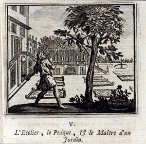 Die Pedantenschule und der Meister eines Gartens. Fabeln von Jean de La Fontaine. Illustration von François Chauveau. Ausgabe von 1728.