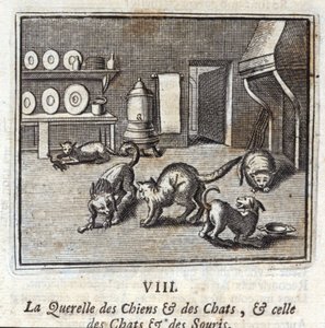 Der Streit der Hunde und Katzen und der Katzen und Mäuse. Fabeln von Jean de La Fontaine. Illustration von François Chauveau. Ausgabe von 1728.