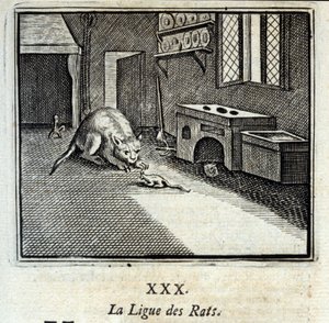Die Rattenliga. Fabeln von Jean de La Fontaine. Illustration von François Chauveau. Ausgabe von 1728.