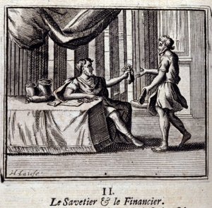 Der Schuster und der Finder. Fabeln von Jean de La Fontaine. Illustration von François Chauveau. Ausgabe von 1728.