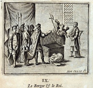 Der Hirte und der König. Fabeln von Jean de La Fontaine. Illustration von François Chauveau. Ausgabe von 1728.