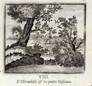 Die Schwalbe und die kleinen Vögel. Fabeln von Jean de La Fontaine. Illustration von François Chauveau. Ausgabe von 1728.
