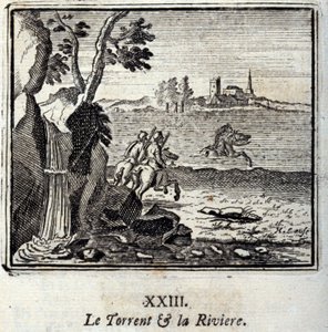 Der Strom und der Fluss. Fabeln von Jean de La Fontaine. Illustration von François Chauveau. Ausgabe von 1728.