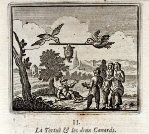 Die Schildkröte und die zwei Enten. Fabeln von Jean de La Fontaine. Illustration von François Chauveau. Ausgabe von 1728.