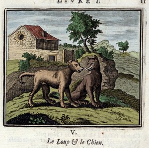 Der Wolf und der Hund. Fabeln von Jean de La Fontaine (1621-1695). Illustration von François Chauveau (1613-1676). Ausgabe von 1728