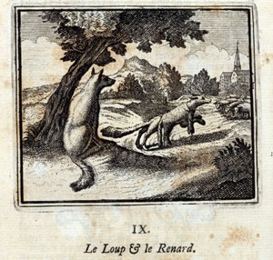Der Wolf und der Fuchs. Fabeln von Jean de La Fontaine. Illustration von François Chauveau. Ausgabe von 1728.