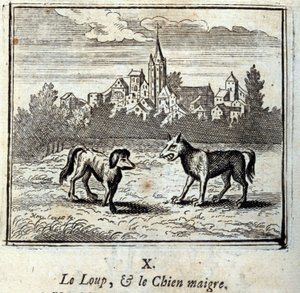 Der Wolf und der magere Hund. Fabeln von Jean de La Fontaine. Illustration von François Chauveau. Ausgabe von 1728.
