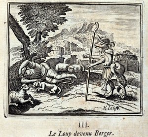 Der Wolf wurde Schäfer. Fabeln von Jean de La Fontaine (1621-95). Illustration von François Chauveau (1613-1676). Ausgabe von 1728 von Francois Chauveau
