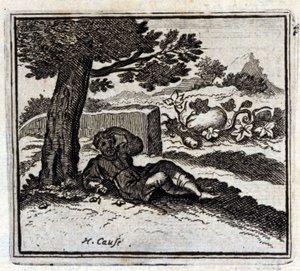 Die Eichel und der Kürbis. Fabeln von Jean de La Fontaine. Illustration von François Chauveau. Ausgabe von 1728.