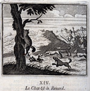 Die Katze und der Fuchs. Fabeln von Jean de La Fontaine. Illustration von François Chauveau. Ausgabe von 1728.