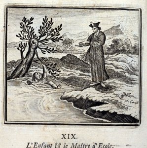 Das Kind und der Schulmeister. Fabeln von Jean de La Fontaine (1621-95). Illustration von François Chauveau (1613-1676). Ausgabe von 1728.