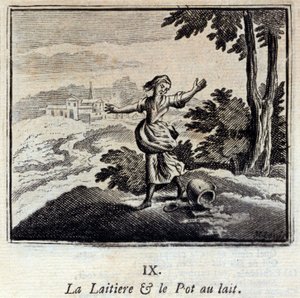 Die Milchfrau und der Milchtopf. Fabeln von Jean de La Fontaine. Illustration von François Chauveau. Ausgabe von 1728 von Francois Chauveau