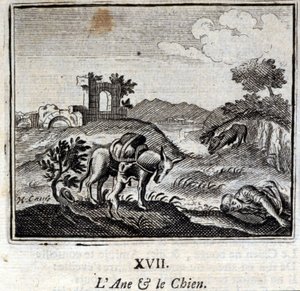 Der Esel und der Hund. Fabeln von Jean de La Fontaine. Illustration von François Chauveau. Ausgabe von 1728.