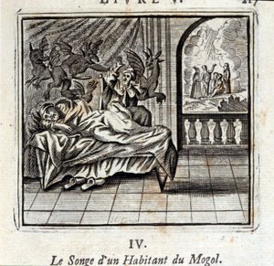 Der Traum eines Mogul-Bewohners. Fabeln von Jean de La Fontaine. Illustration von François Chauveau. Ausgabe von 1728. von Francois Chauveau