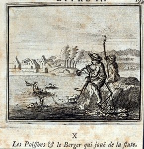 Der Fisch und der Hirte, der Flöte spielt. Fabeln von Jean de La Fontaine. Illustration von François Chauveau. Ausgabe von 1728.