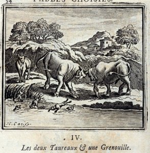 Die zwei Stiere und ein Frosch. Fabeln von Jean de La Fontaine. Illustration von François Chauveau. Ausgabe von 1728.