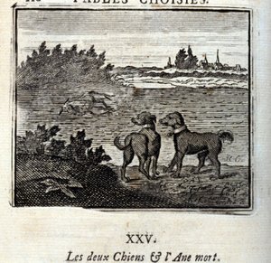 Die zwei Hunde und der tote Esel. Fabeln von Jean de La Fontaine (1621-95). Illustration von François Chauveau (1613-1676). Ausgabe von 1728