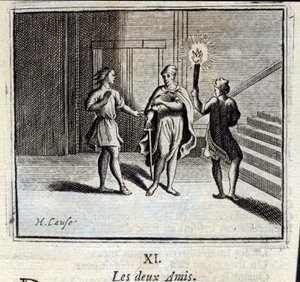 Die zwei Freunde. Fabeln von Jean de La Fontaine. Illustration von François Chauveau. Ausgabe von 1728.