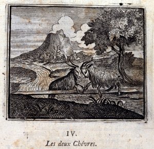 Die zwei Ziegen. Fabeln von Jean de La Fontaine. Illustration von François Chauveau. Ausgabe von 1728.