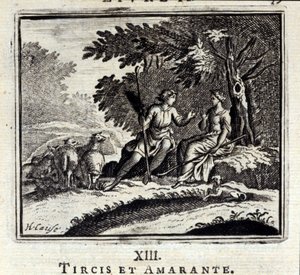 Tircis und Amaranth. Fabeln von Jean de La Fontaine. Illustration von François Chauveau. Ausgabe von 1728. von Francois Chauveau