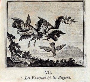 Geier und Tauben. Fabeln von Jean de La Fontaine. Illustration von François Chauveau. Ausgabe von 1728 von Francois Chauveau