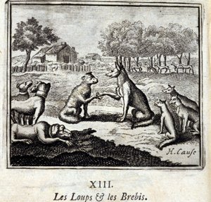 Wölfe und Schafe. Fabeln von Jean de La Fontaine. Illustration von François Chauveau. Ausgabe von 1728.