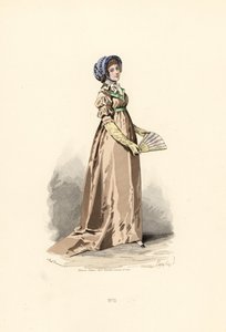 Frau in haselnussfarbenem Kleid, Fichu-Chemise und blauem Hut