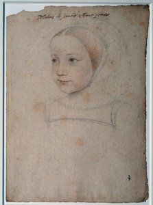 Porträt von Marguerite de France (1523-1574) als Kind, Tochter von François I., Herzogin von Savoyen. Zeichnung mit schwarzem Stein, Blut verstärkt mit Aquarell von François Clouet (1515-1572) 16. Jahrhundert. Chantilly, Musée Condé