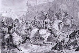 Die Einnahme von Calais durch Franz, 2. Herzog von Guise (1519-63) im Jahr 1558, gestochen von Amedee Felix Barthelemy Geilee