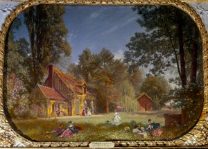 Ansicht des Weilers Chantilly. Gebäude erbaut von Architekt Jean François Leroy für den Prinzen von Condé zwischen 1772 und 1774. Gemälde von François Louis Français (1814-1897)