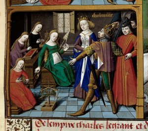 Szenen aus dem Leben Karls des Großen: der Kaiser besucht Frauen, die Wolle spinnen von Maître François