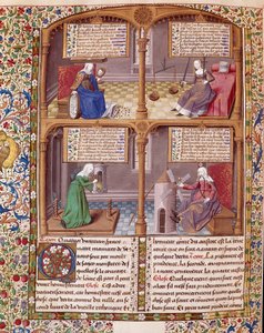 Die vier Kardinaltugenden: Klugheit, Stärke, Mäßigung und Gerechtigkeit. Seite aus einem Manuskript von Seneca, illuminiert vom Meister François von Maître François