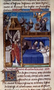 Der Tod Karls des Großen. Miniatur aus dem Manuskript „Speculum historiale“ (Le Miroir historial) von Vincent de Beauvais von Maître François