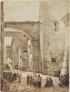 Ein Priester, der durch eine mittelalterliche Straße in Viterbo zieht von Francois Marius Granet