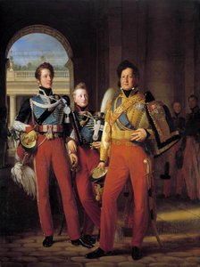 Porträts zu Fuß von Louis-Philippe I. (1773-1850), Herzog von Orléans in der Uniform als Generaloberst der Husaren, und seiner Söhne: der Herzog von Chartres und der Herzog von Nemours