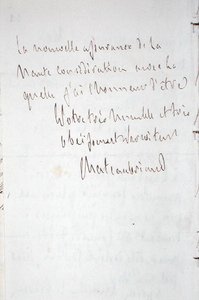 Brief mit Unterschrift des Schriftstellers, geschrieben in Frankfurt auf dem Weg zu Chateaubriands neuem Posten als bevollmächtigter Minister in Berlin, 7. Januar 1821 von Francois Rene Vicomte de Chateaubriand