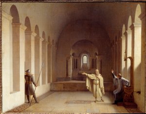 Jacques de Molay (1243-1314), Großmeister der Templer. Jacques de Molay, seit 1307 festgenommen, wird im Königspalast von Chinon verhört. Gemälde von François Richard Fleury