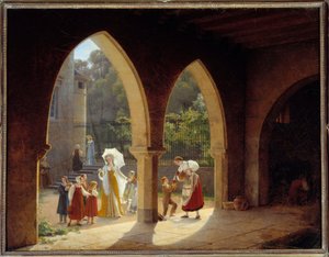 Madame Elisabeth von Frankreich (1764-1794), Schwester von Ludwig XVI., hilft bei der Milchverteilung in ihrem Haus in Montreuil bei Versailles. Gemälde von Francois Richard Fleury (1777-1852) von Francois Richard Fleury