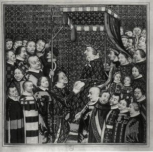 Louis II. (1337-1410), Graf von Clement, huldigt Karl V. (1338-80) Kopie einer Miniatur aus dem 14. Jahrhundert