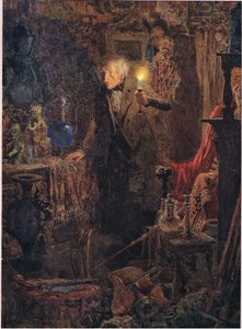 Er war ein kleiner alter Mann mit langen grauen Haaren, dessen Gesicht und Gestalt, als er das Licht über seinen Kopf hielt und vor sich schaute, um 1920