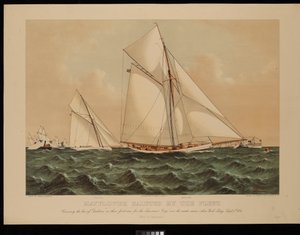 Mayflower von der Flotte begrüßt. Überquert den Bug der Galatea in ihrem ersten Rennen um den America