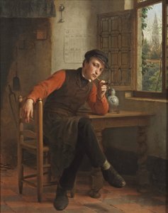 François Antoine De Bruycker - Pfeife rauchender junger Mann in einem Stubeninterieur von François Antoine de Bruycker