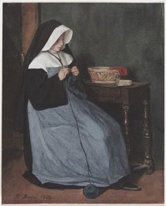 Eine Nonne sitzt an einem Tisch und strickt, 1862 von François Bonvin