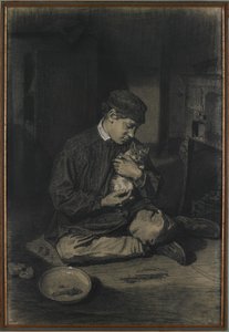Sitzender Junge mit einer Katze (recto); Studie von Kätzchen und einem Teller Milch (verso), ca. 1874-80