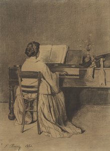 Frau am Klavier, von hinten gesehen