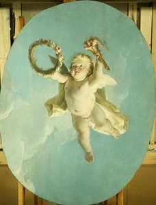 Ein Putto im Flug, der einen Kranz und eine Fackel hält