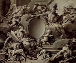 Entwurf für eine Kartusche: Eine Allegorie von Minerva, Ruhm, Geschichte und Glaube, die Unwissenheit und Zeit überwinden, ca. 1727