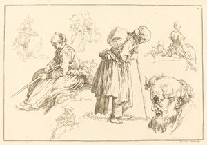 Figurenstudien, darunter Frau mit Kessel