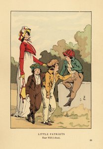 Jungen in Jacken und Kniehosen mit Merveilleuse im römischen Gewand mit Haube und Spencerjacke. Kleine Patrioten, Jahr VIII