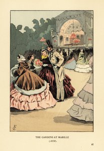 Modische Leute beim Tanz im Freien, Bal Mabille. Frauen in weiten Krinolinen und Pelzcapes, Mann mit Zylinder, Jacke und gestreiften Hosen. Der Abendtanz im Jardin Mabille, Avenue Montaigne, fand von 1844 bis 1875 statt. Die Gärten von Mabille